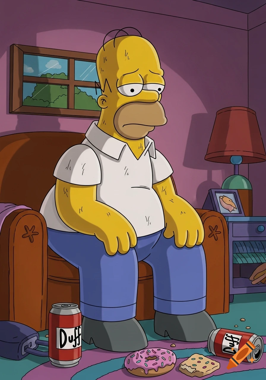 A sad Homer Simpson sits on a brown armchair in his living room, surrounded by two Duff cans, a donut, and a snack on the colorful rug.