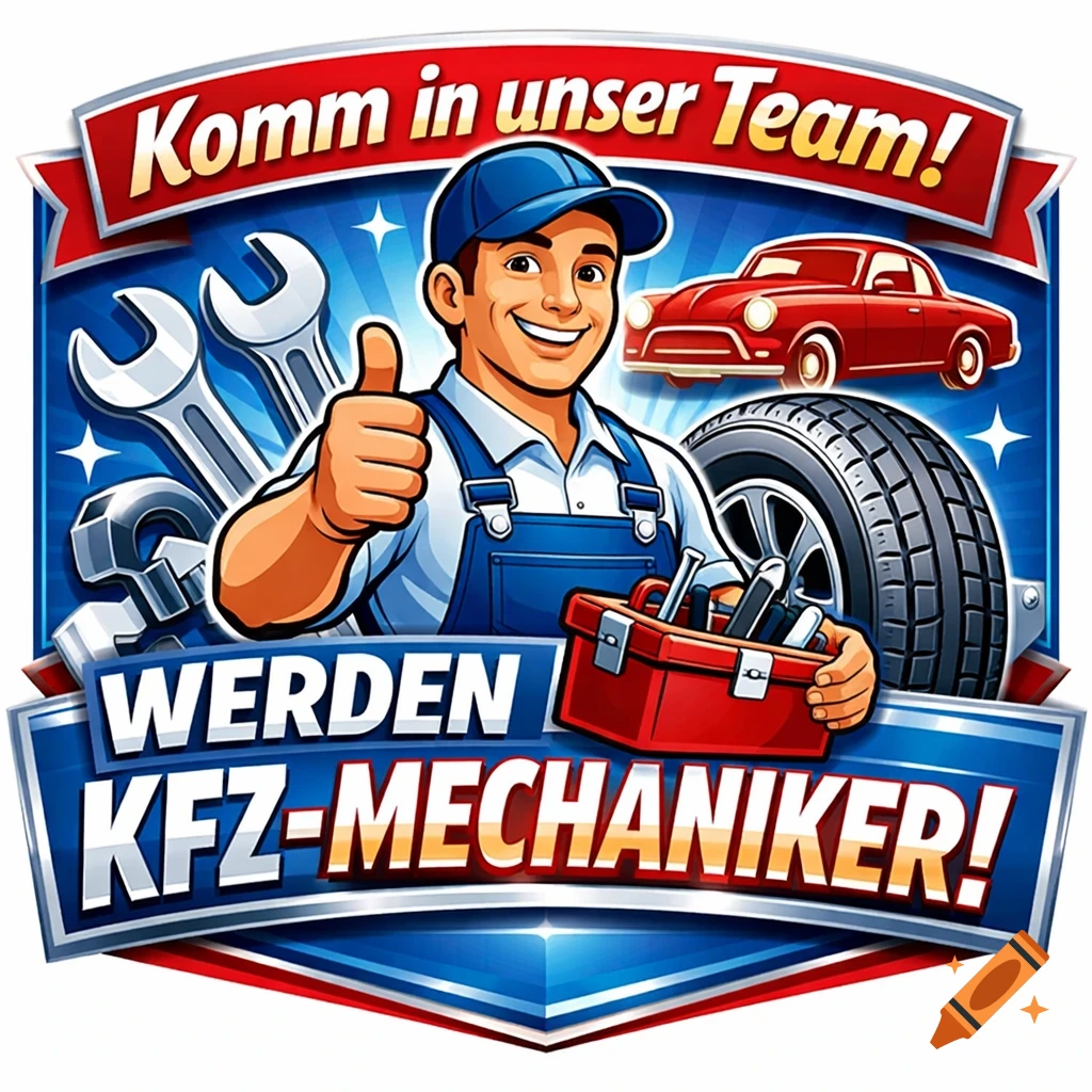 A smiling cartoon mechanic gives a thumbs up, with tools, a car, and a tire. German text on a banner says "Join our team! Become a car mechanic!"