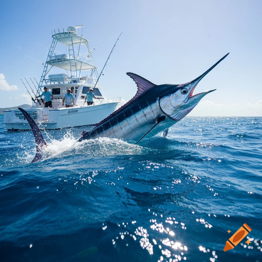 A large marlin leaps dynamically out of blue ocean water next to a white fishing boat with three people on board under a bright sky.