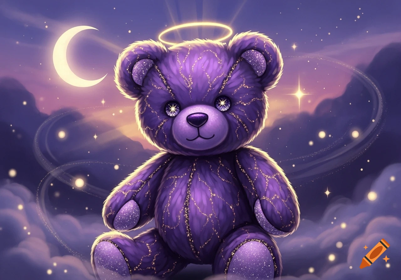 A purple teddy bear with golden glitter, an aura, and starry eyes sits amidst glowing clouds, a crescent moon, and sparkling stars in a dreamy purple sky.
