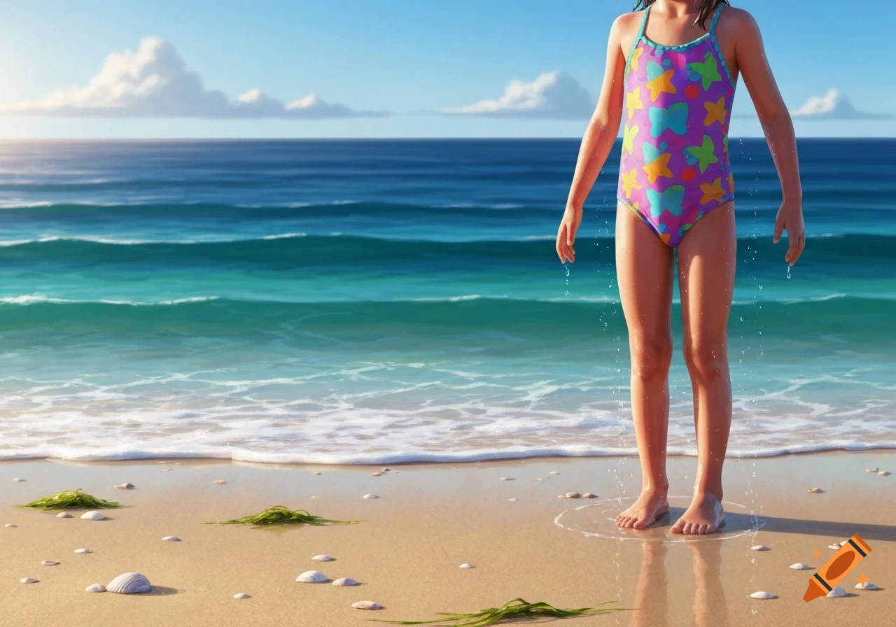 A young girl in a colorful butterfly-patterned swimsuit stands in the shallow ocean water on a sandy beach.