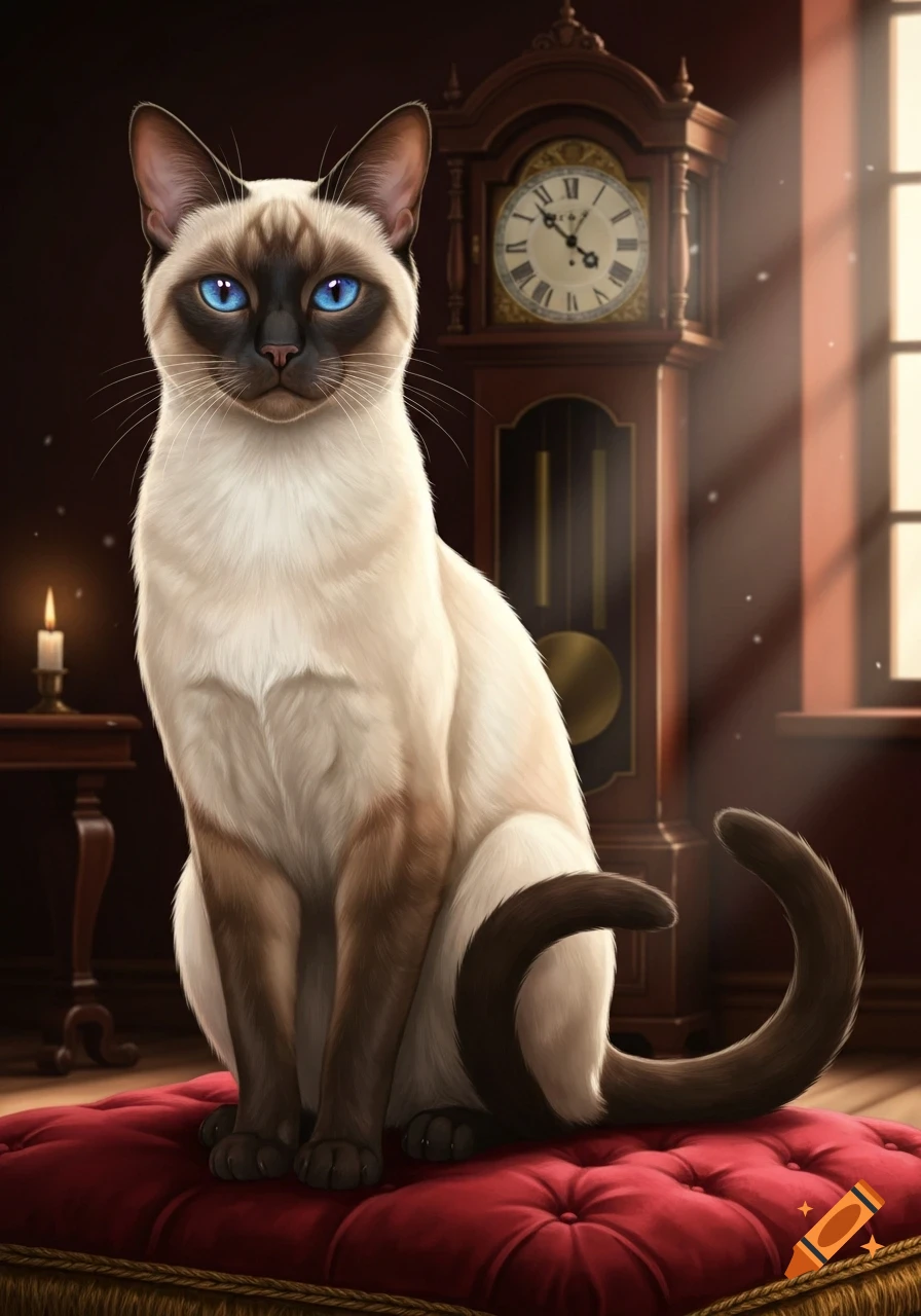 A photorealistic Siamese cat with striking blue eyes sits on a red cushion in a dimly lit room with a grandfather clock.