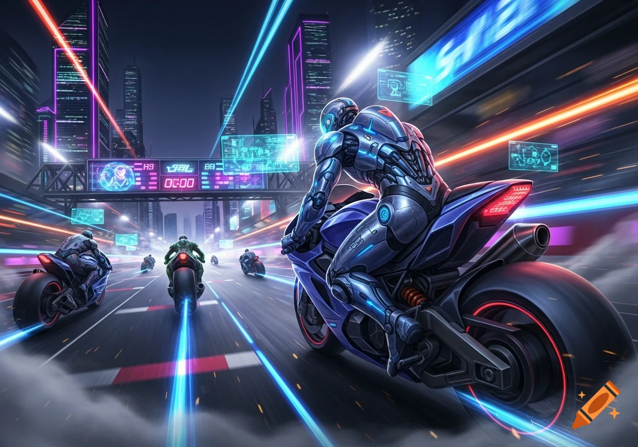Futuristic sci-fi image of a cyborg motorcycle race on a neon-lit city street with holographic displays.