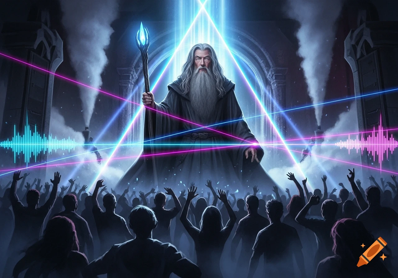 Wizard Dancing Rave A Gandalf-like wizard holds a glowing staff amidst neon lasers, sound ...