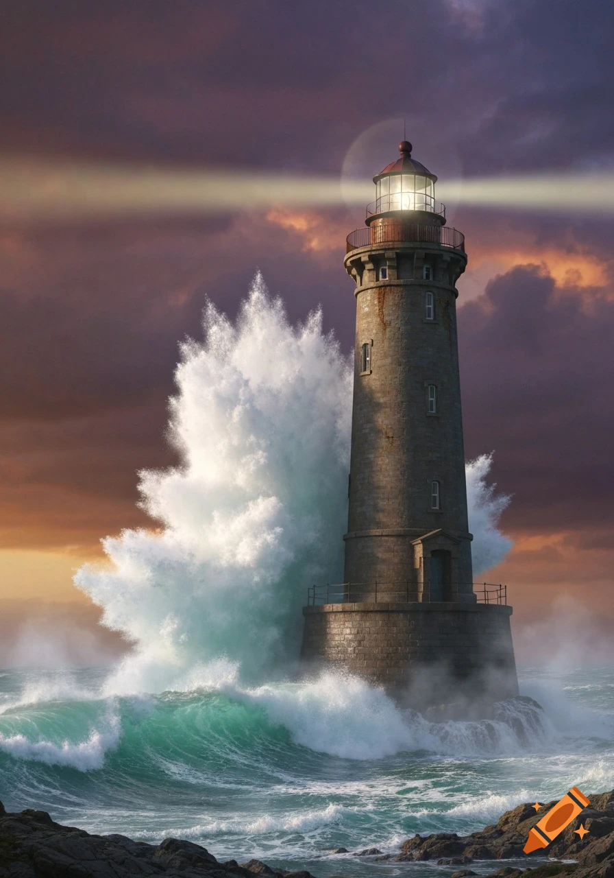 Photorealistic image of a lighthouse being engulfed by a massive wave during a dramatic sunset or sunrise with stormy skies.