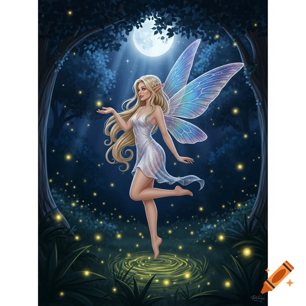 Blonde fairy with iridescent wings in a magical moonlit forest, floating over a glowing pool with fireflies.