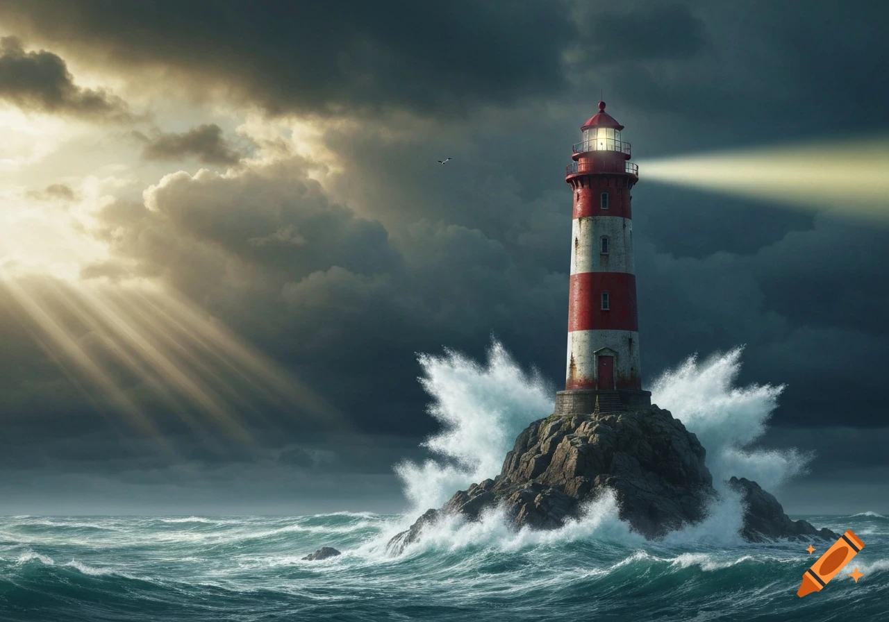 A red and white striped lighthouse on a rocky island in a stormy sea with crashing waves, under a dark sky with sun rays.