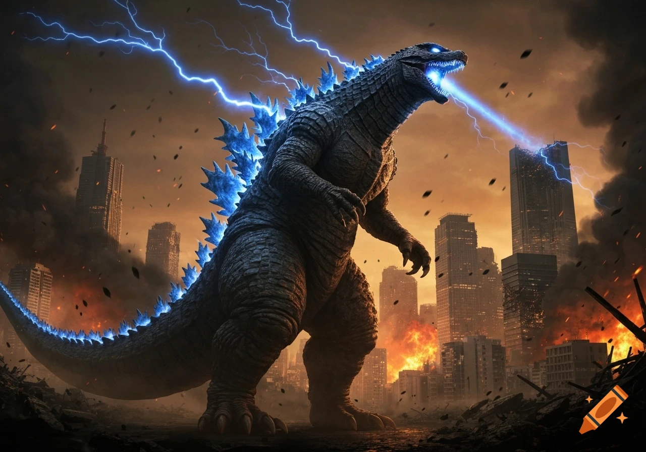 Godzilla roars and blasts a blue energy beam in a destroyed city with lightning, photorealistic style.