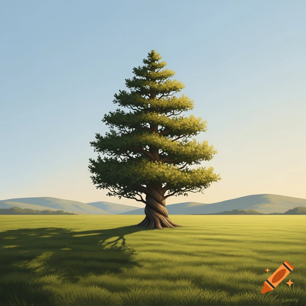 An illustrative lone pine-shaped tree with a twisted trunk in a vast ...