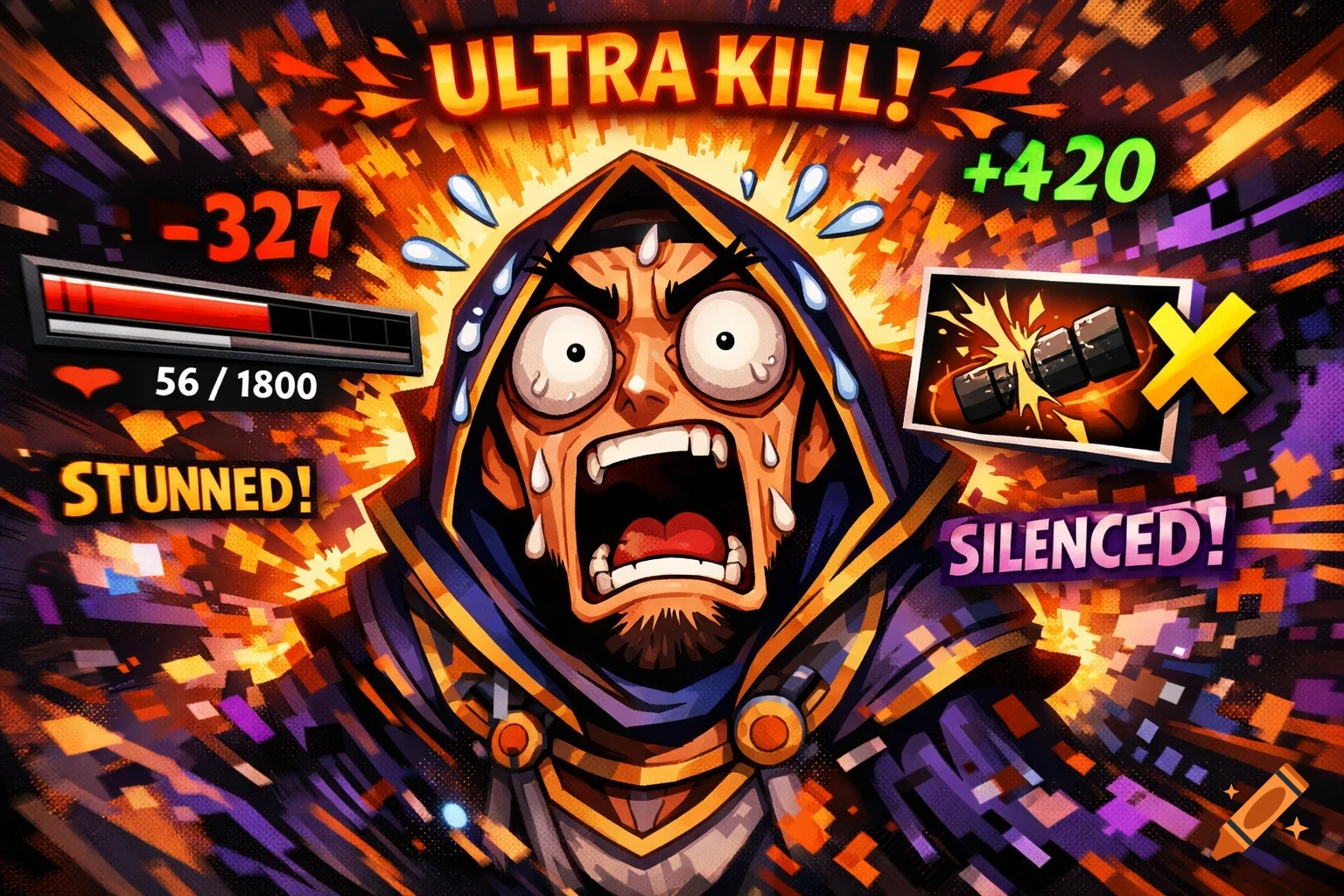 Cartoon wizard character with a panicked expression, surrounded by video game UI elements like 'ULTRA KILL!', a health bar, '+420', '-327', 'STUNNED!', and 'SILENCED!' on an energetic, abstract background.