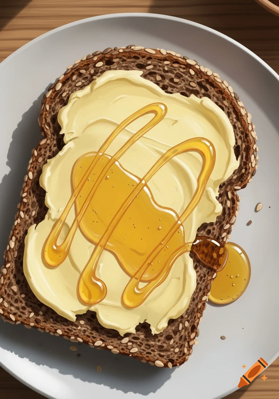 A top-down view of a slice of dark seeded bread topped with creamy butter and drizzled with golden honey on a white plate.