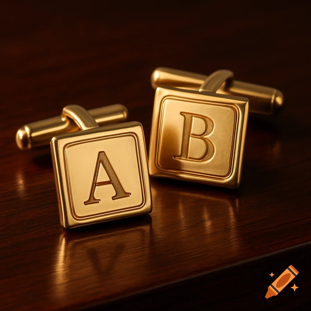Photorealistic image of two square gold cufflinks, one embossed with 'A' and the other with 'B', resting on a dark wooden surface.
