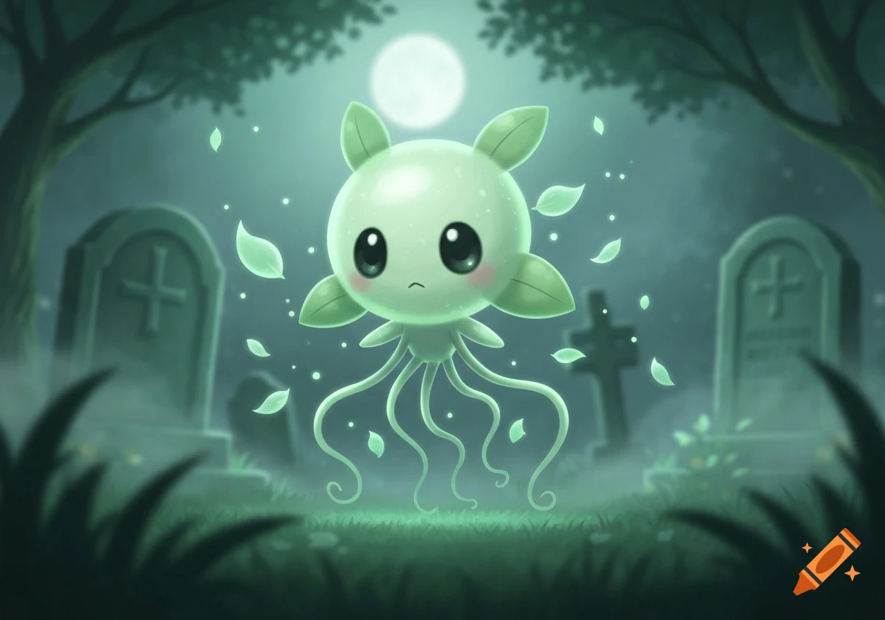 A cute, glowing, green, leaf-eared, tentacled creature with large eyes floats in a misty graveyard with gravestones under a full moon, digital art.