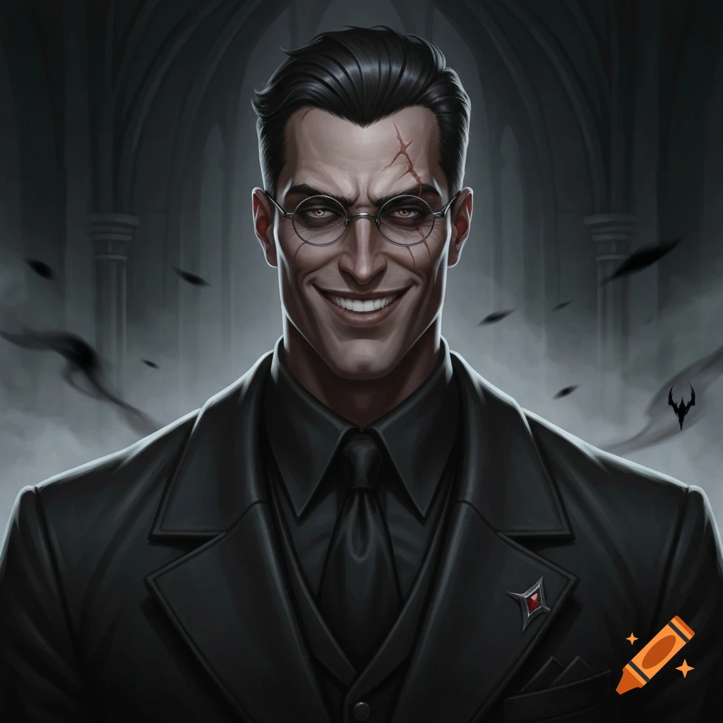 A sinister man with slick dark hair, round glasses, and a prominent scar on his forehead smiles cruelly, wearing a black suit and tie against a dark, gothic background.