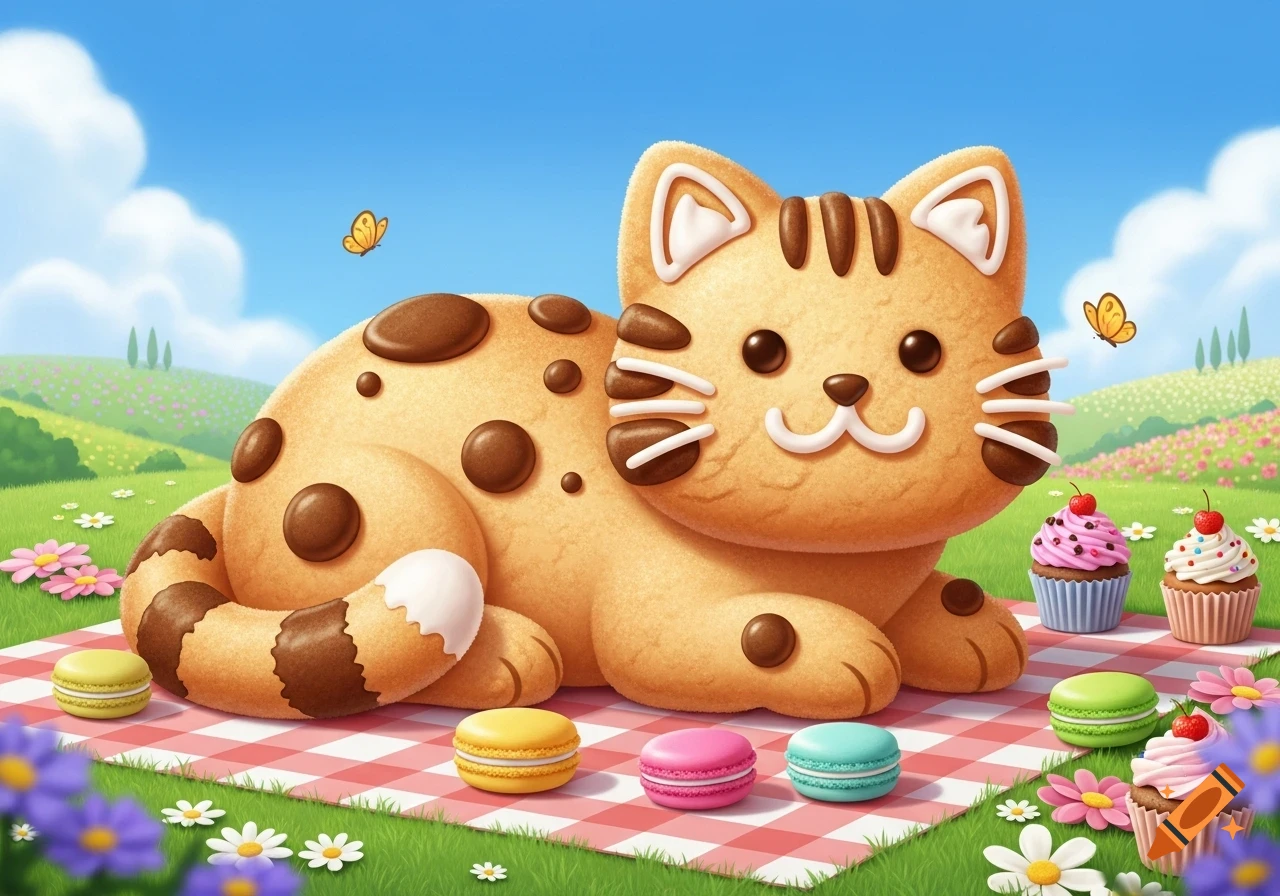 A whimsical cookie cat with chocolate chip spots rests on a red and white checkered picnic blanket in a sunny field with macarons, cupcakes, and butterflies.