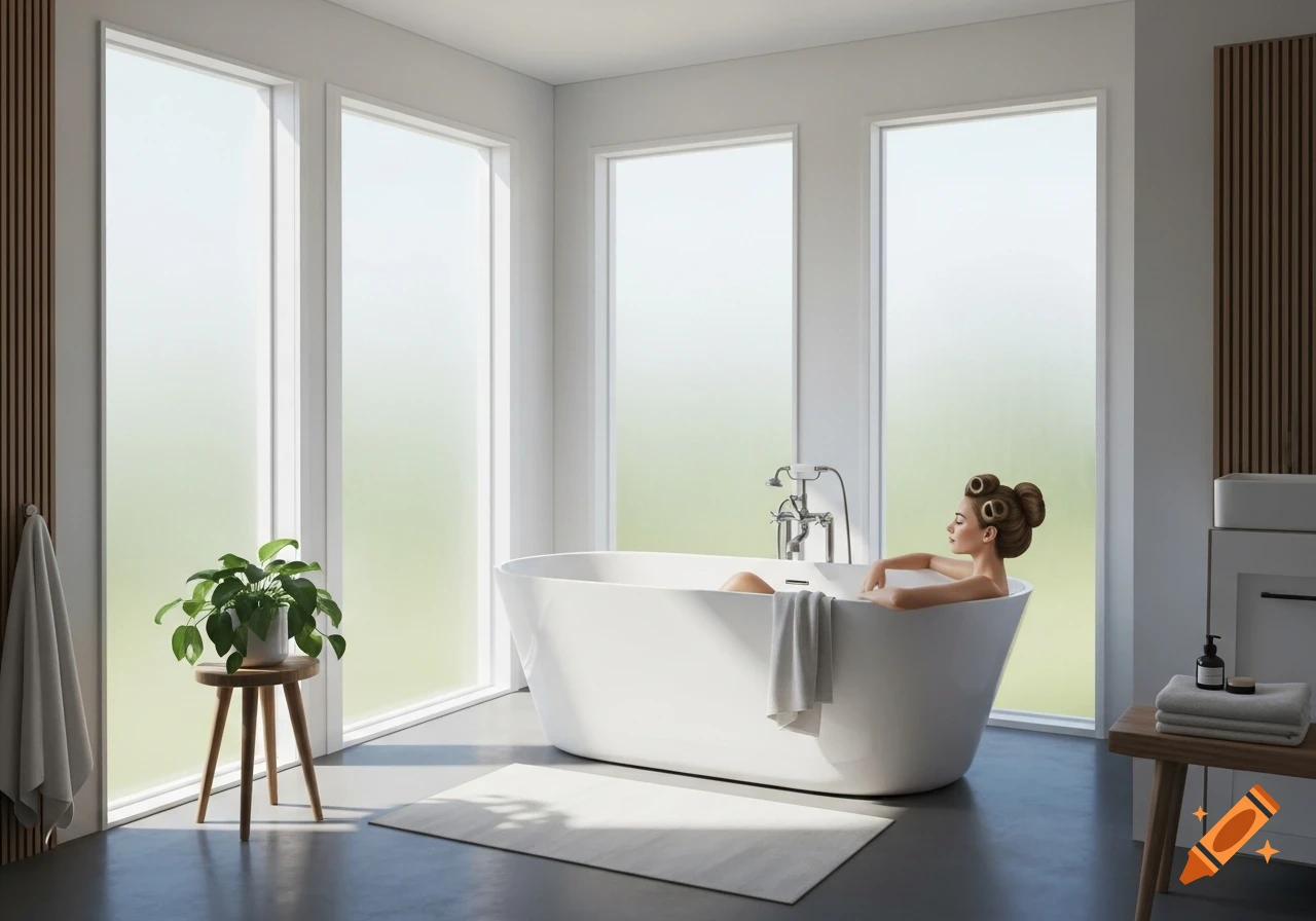 A woman with curlers in her hair relaxes in a white bathtub in a bright, modern minimalist bathroom.
