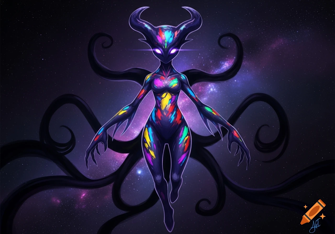 A colorful, horned monster creature with glowing eyes and dark tentacles, floating in a starry galaxy background. Digital art.