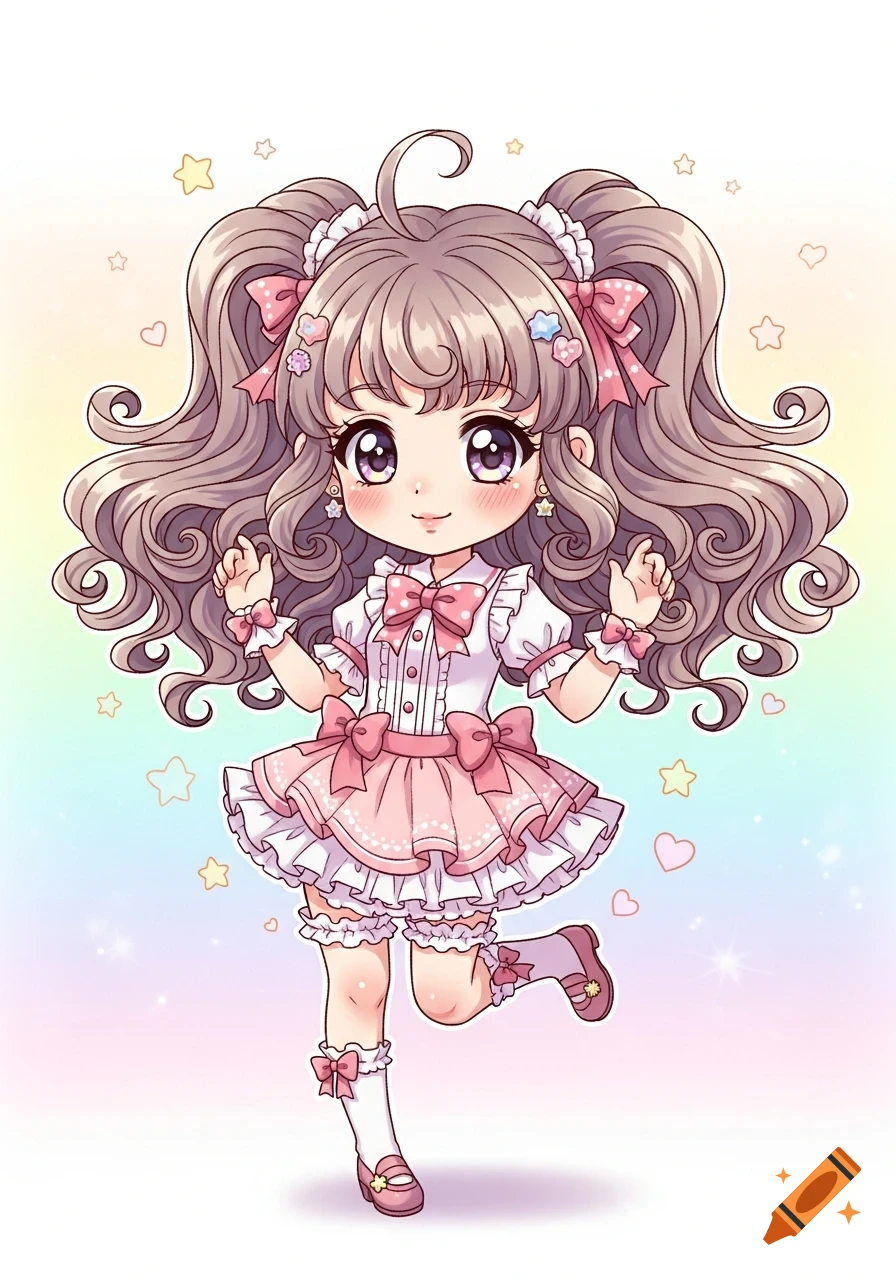 A cute chibi anime girl with curly pigtails in a frilly pink and white dress, on a pastel background with stars and hearts.
