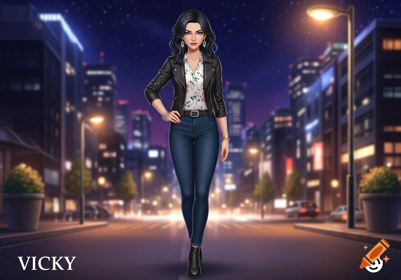 A stylized woman with dark hair, a leather jacket, and jeans stands on a blurred city street at night, with 'VICKY' in the foreground.