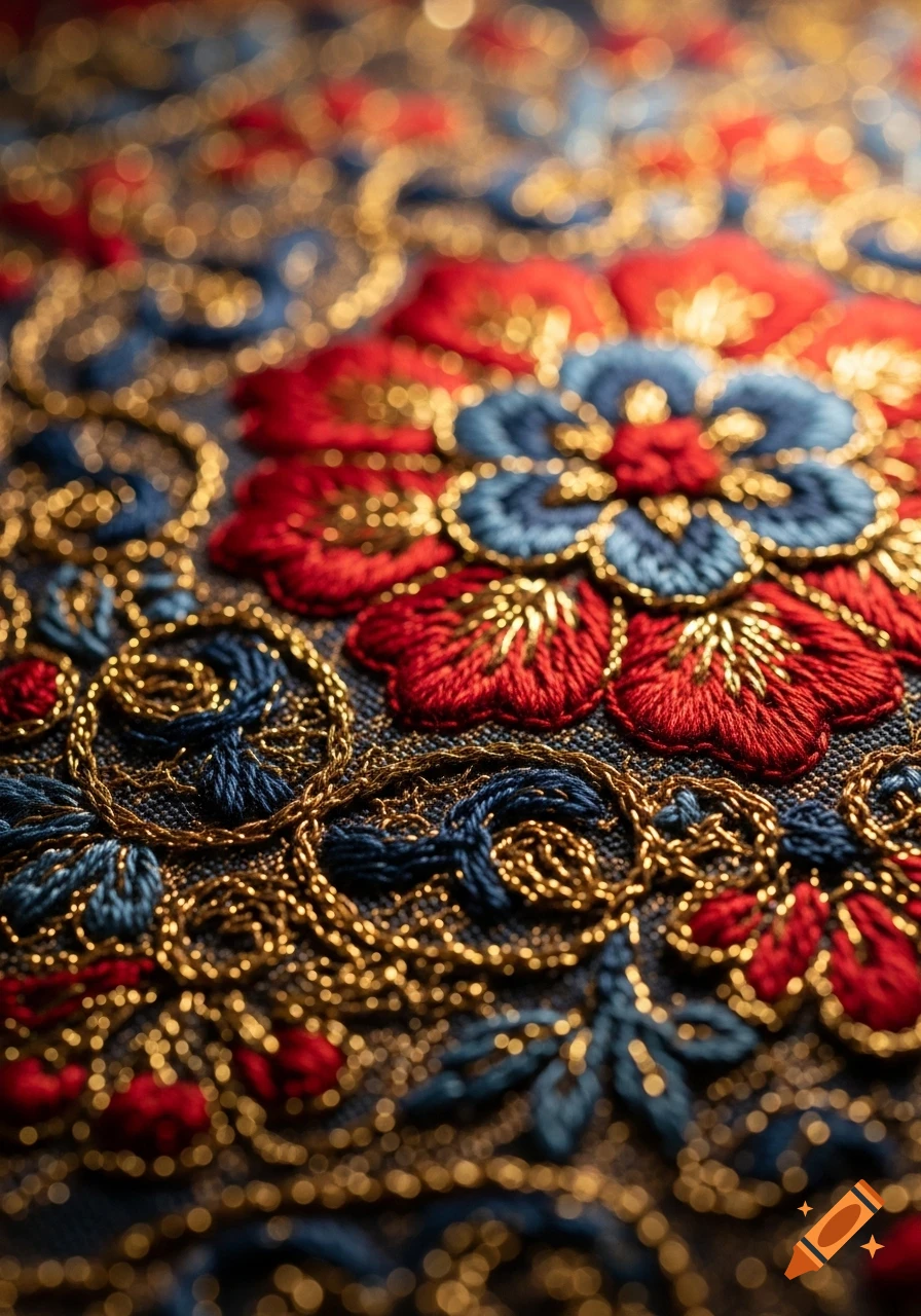 Close-up of intricate red, blue, and gold floral embroidery with golden threads on dark fabric, featuring a shallow depth of field.