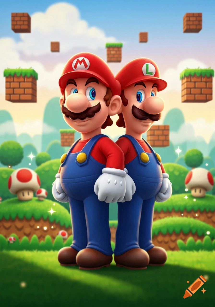 Mario and Luigi stand back-to-back in a colorful Super Mario Bros. level with floating blocks and mushrooms.