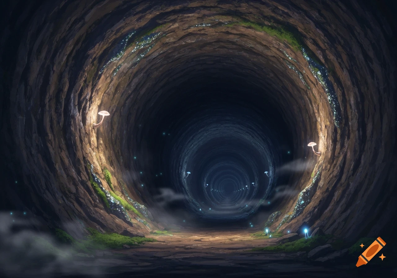 A dark, deep cave tunnel with rocky walls, glowing mushrooms, and luminous blue particles creating a mysterious atmosphere.