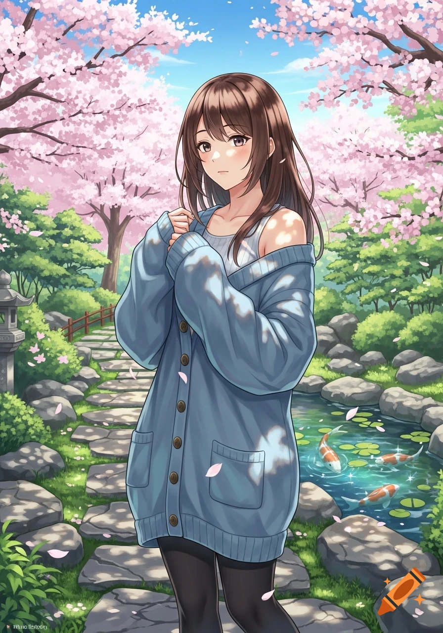 Anime woman in a blue cardigan stands in a Japanese garden with pink cherry blossoms and a koi pond, anime style.