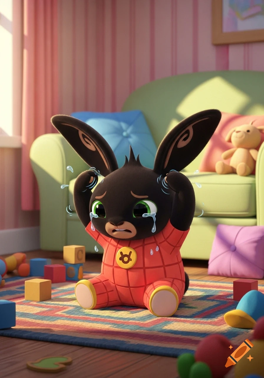 A crying brown cartoon rabbit (Bing bunny) in a red jumpsuit sits on a colorful rug in a child's room, surrounded by blocks.