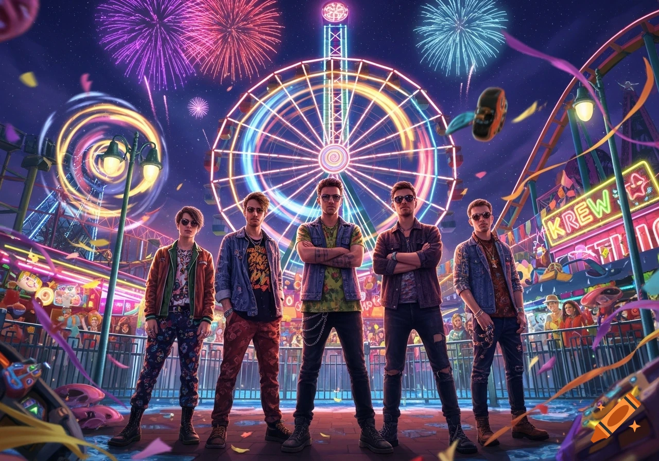 Five men, resembling a band, stand in front of a vibrant, neon-lit amusement park with a ferris wheel and fireworks.
