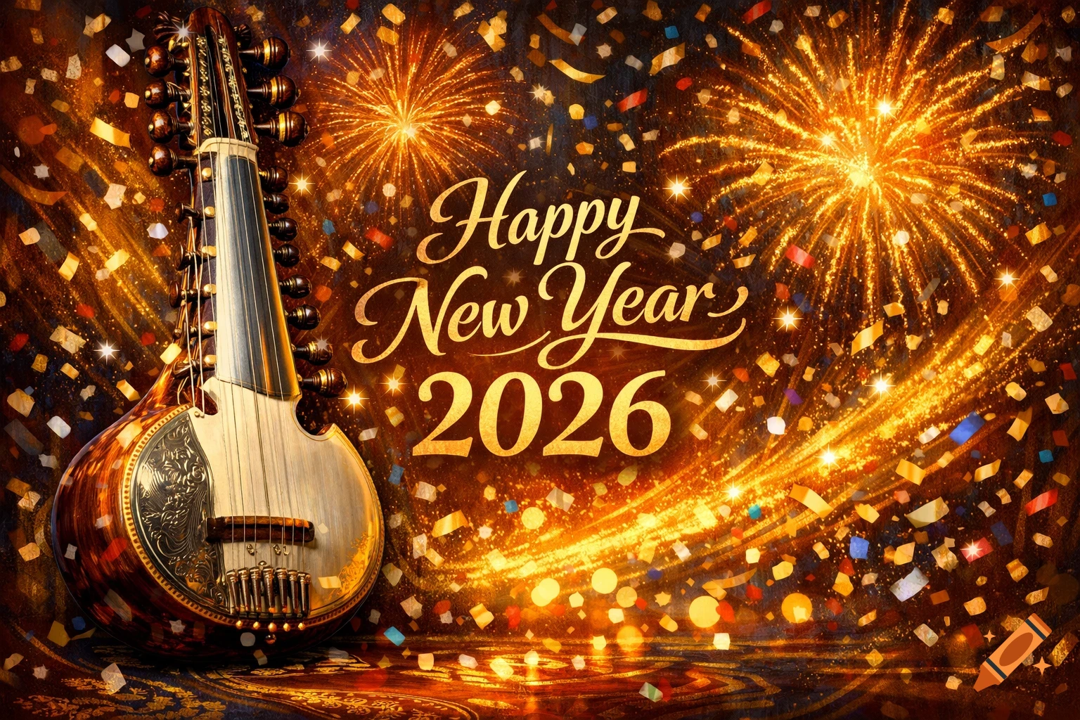 A vibrant Happy New Year 2026 greeting with a detailed sarod, golden fireworks, and sparkling confetti against a dark, festive background.
