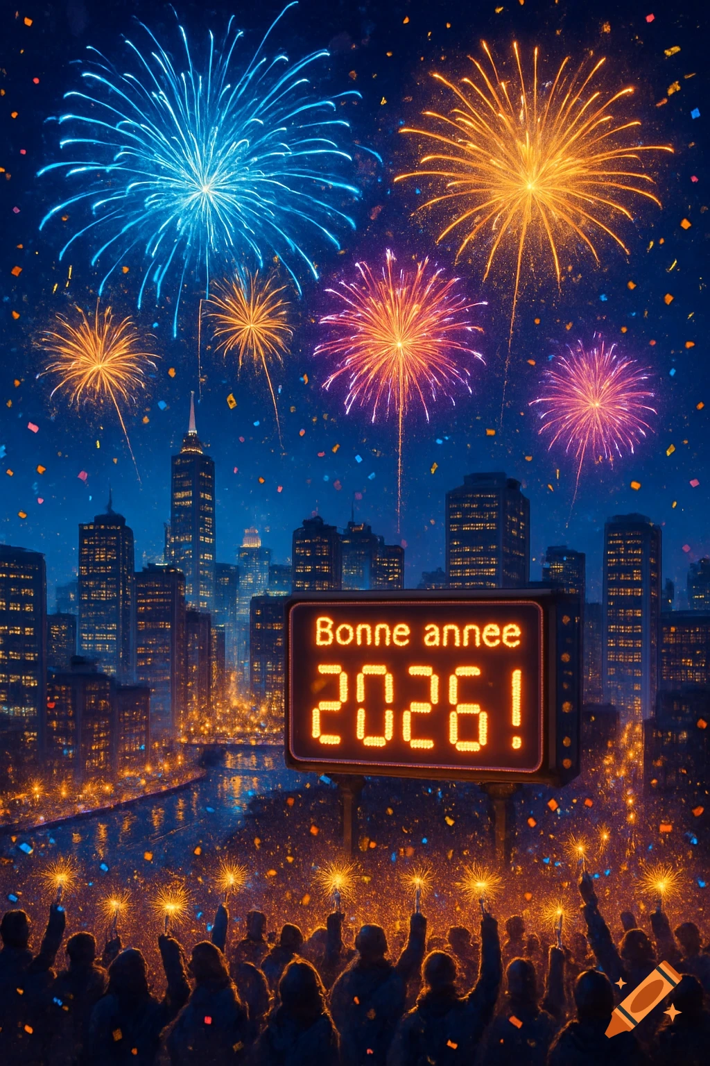 Colorful fireworks light up a city skyline at night, with a crowd below a sign displaying 'Bonne année 2026!'.
