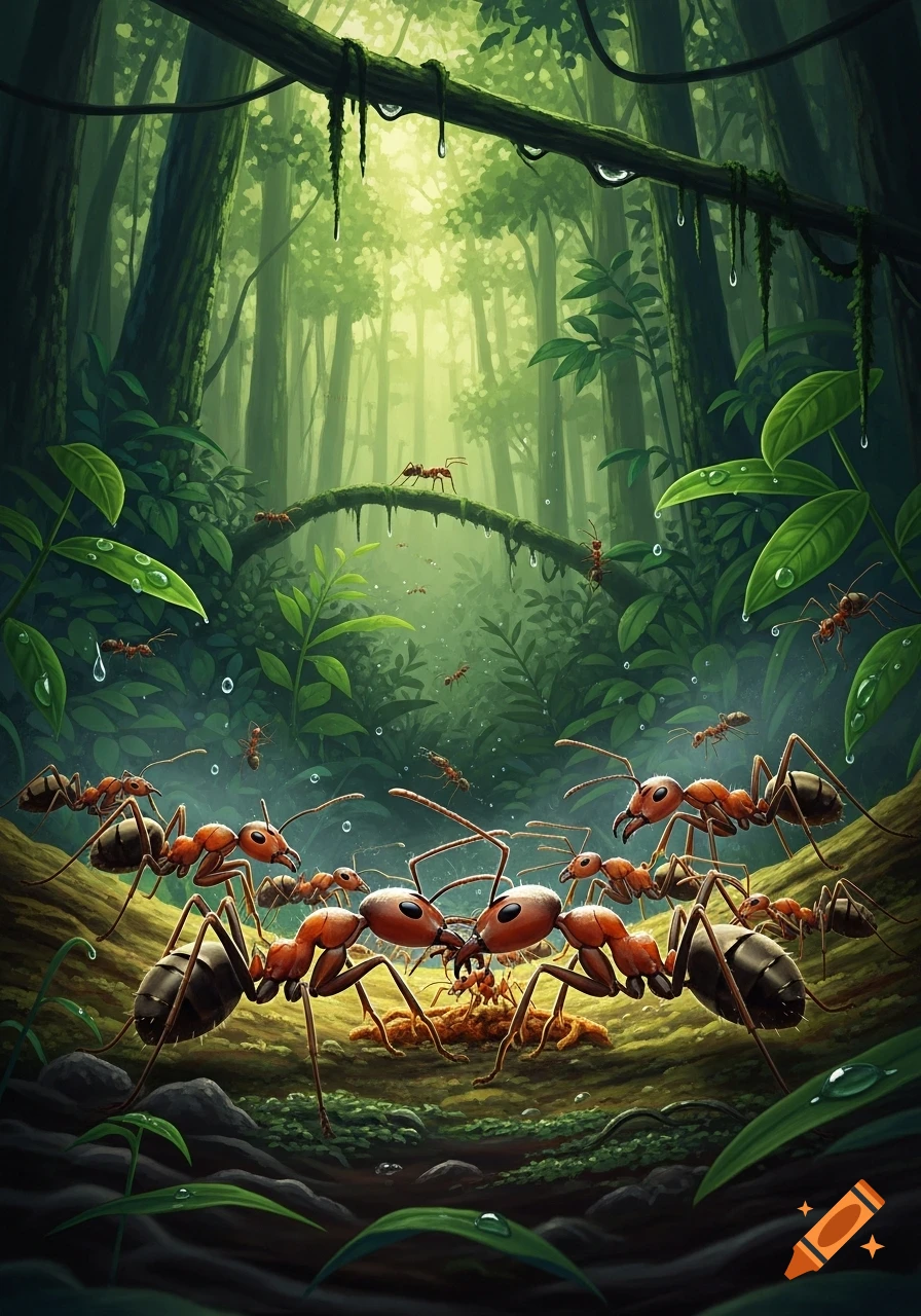Detailed illustration of many large red and black ants confronting each other on a leafy rainforest floor with lush foliage.