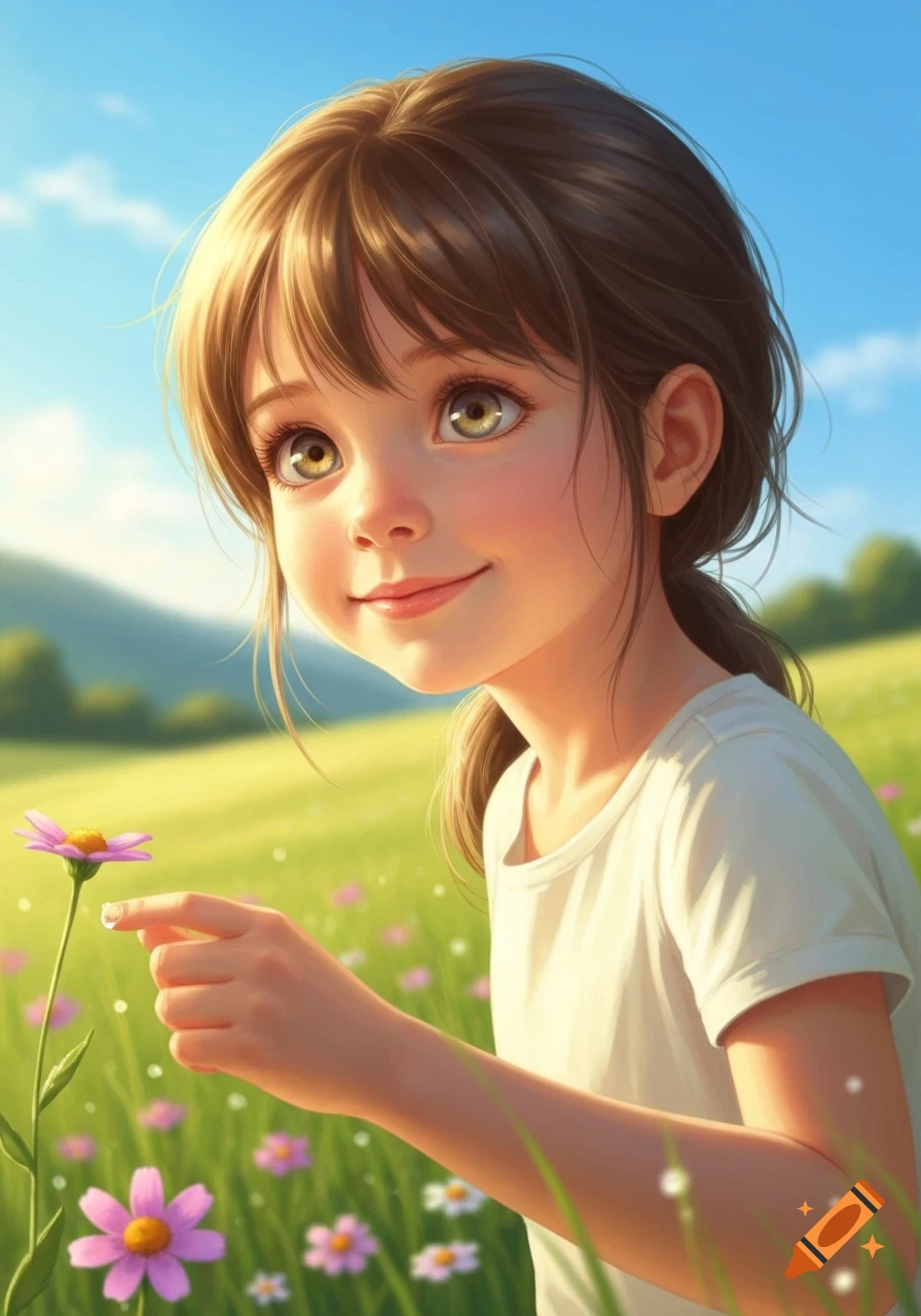 Stylized illustration of a smiling young girl with big eyes gently touching a pink flower in a sunny green field.
