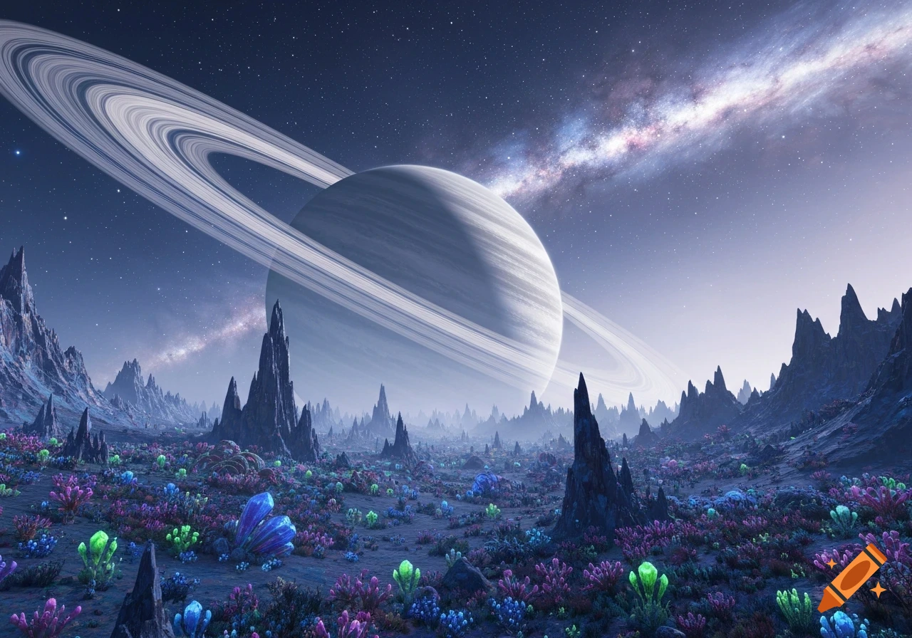 Surreal alien landscape with a massive ringed planet, sharp rock ...
