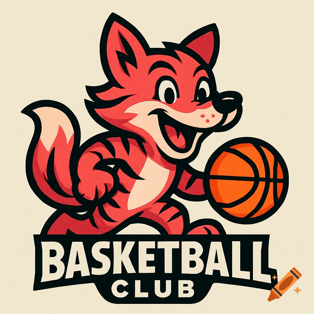 Cartoon red fox mascot dribbling a basketball, with "BASKETBALL CLUB" text, in a vibrant logo style.