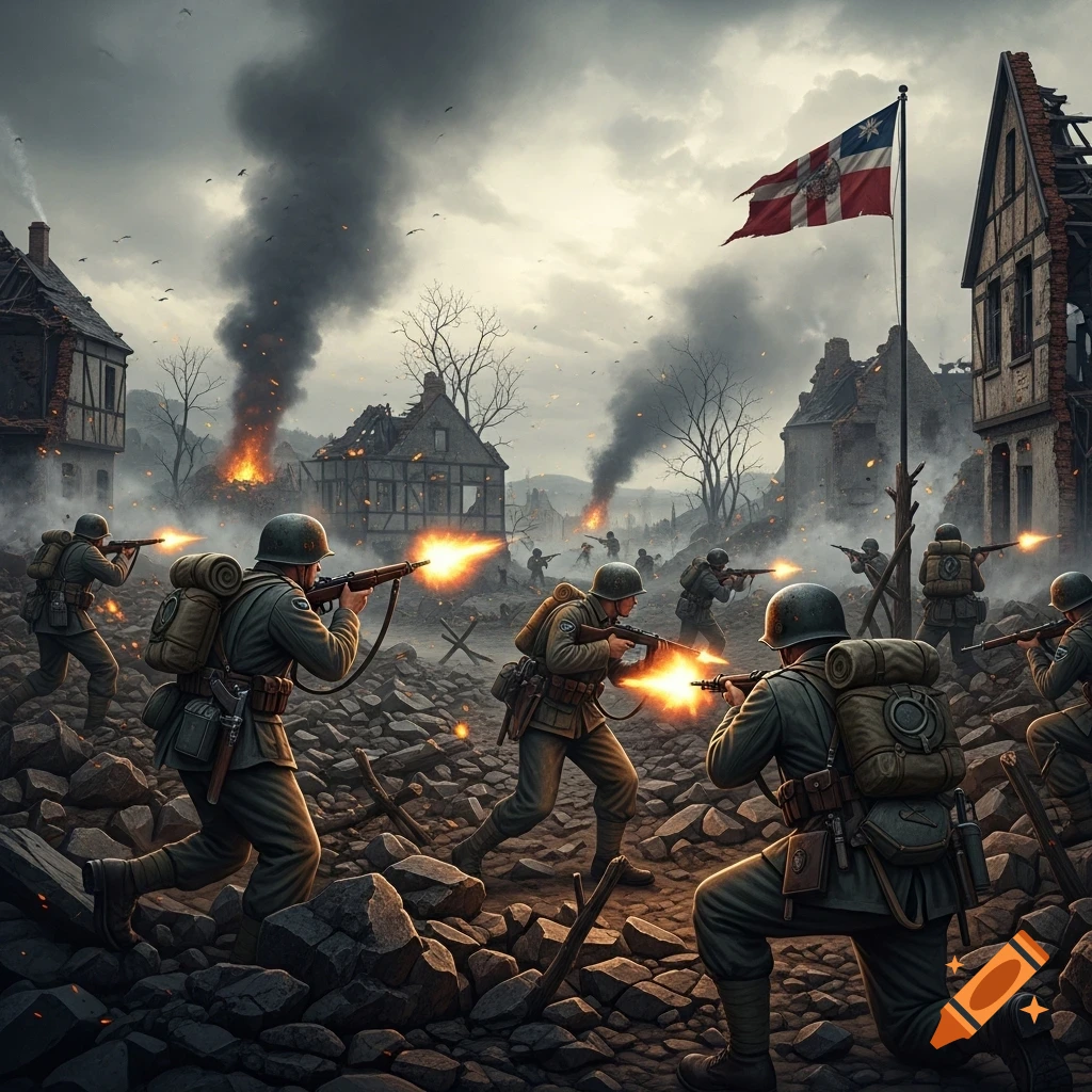 Photorealistic depiction of soldiers in a fierce battle, firing weapons amidst the rubble and burning buildings of a destroyed town under a cloudy sky.