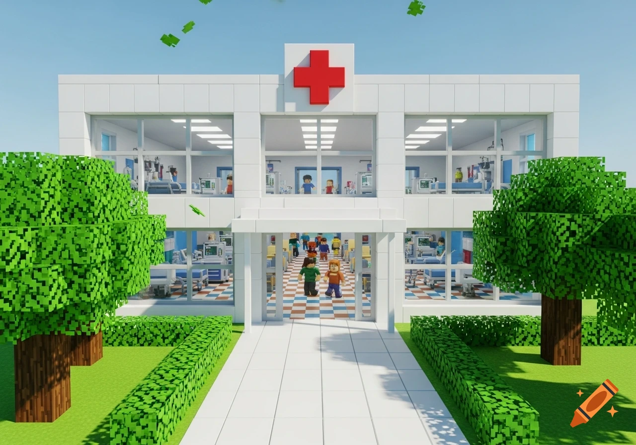 A pixelated Roblox-style hospital building with a red cross, trees, and blocky characters walking outside.