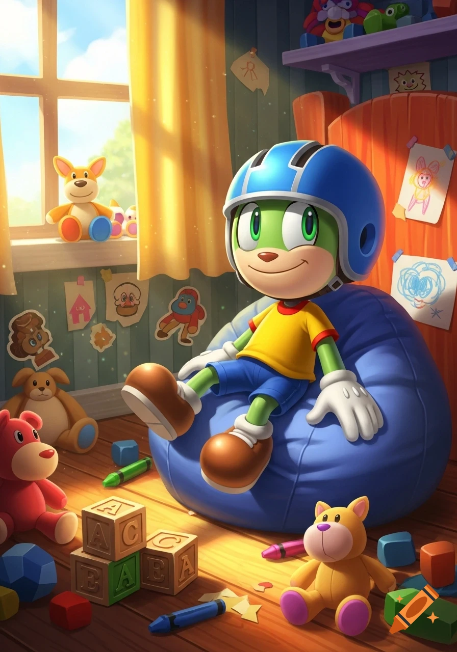 A green cartoon character with a blue helmet and white gloves sits on a blue beanbag in a sunny, toy-filled child's room.