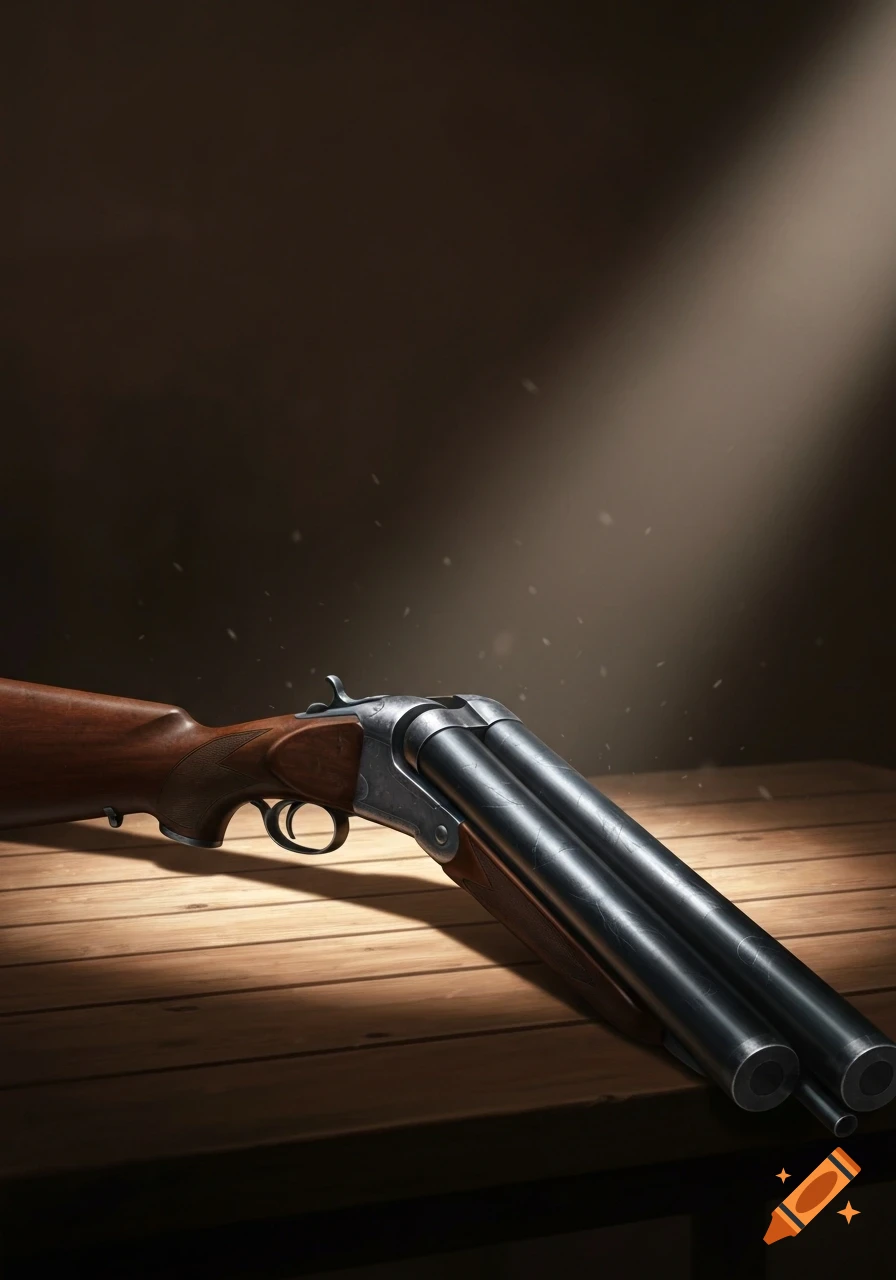 A photorealistic shotgun with a wooden stock rests on a wooden table under a dramatic beam of light.