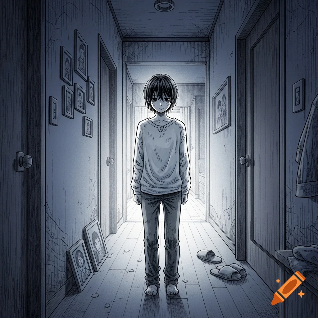 Anime drawing of a sad young person standing barefoot in a dark, empty house hallway.