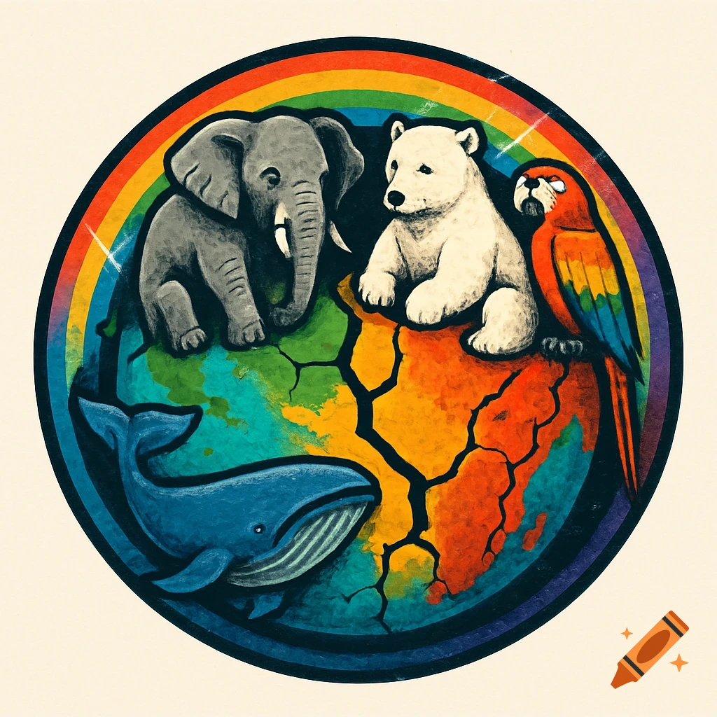 Stylized logo of a cracked Earth with an elephant, polar bear, macaw, and whale, framed by a rainbow.
