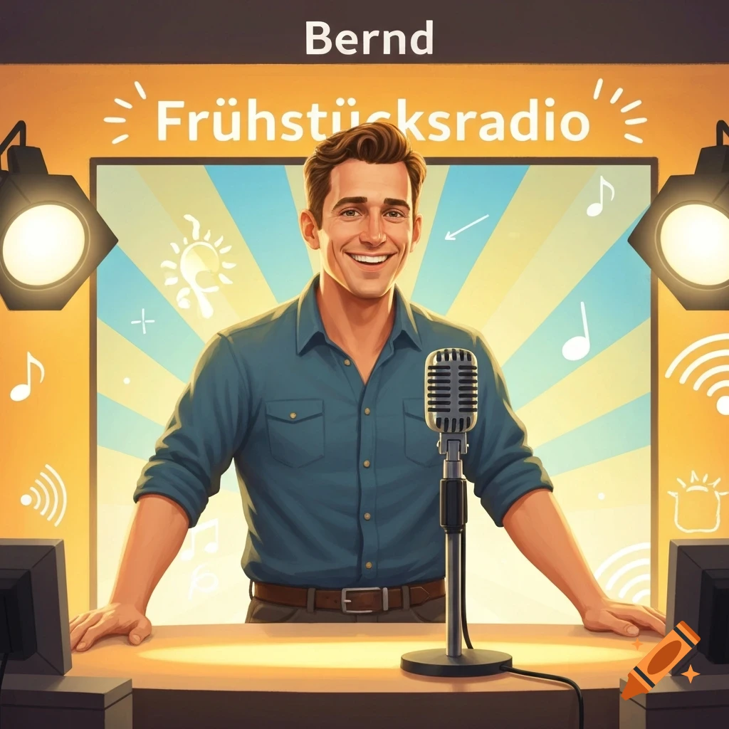 Cheerful cartoon illustration of a man named Bernd at a radio desk with a microphone, text 'Bernd Frühstücksradio'.