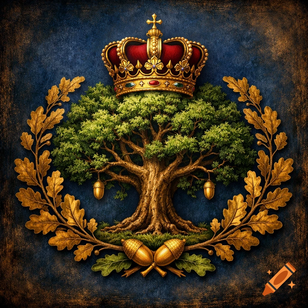 A stylized heraldic emblem featuring an ancient oak tree crowned with a red and gold royal crown, framed by golden oak leaves and acorns against a textured dark blue background.