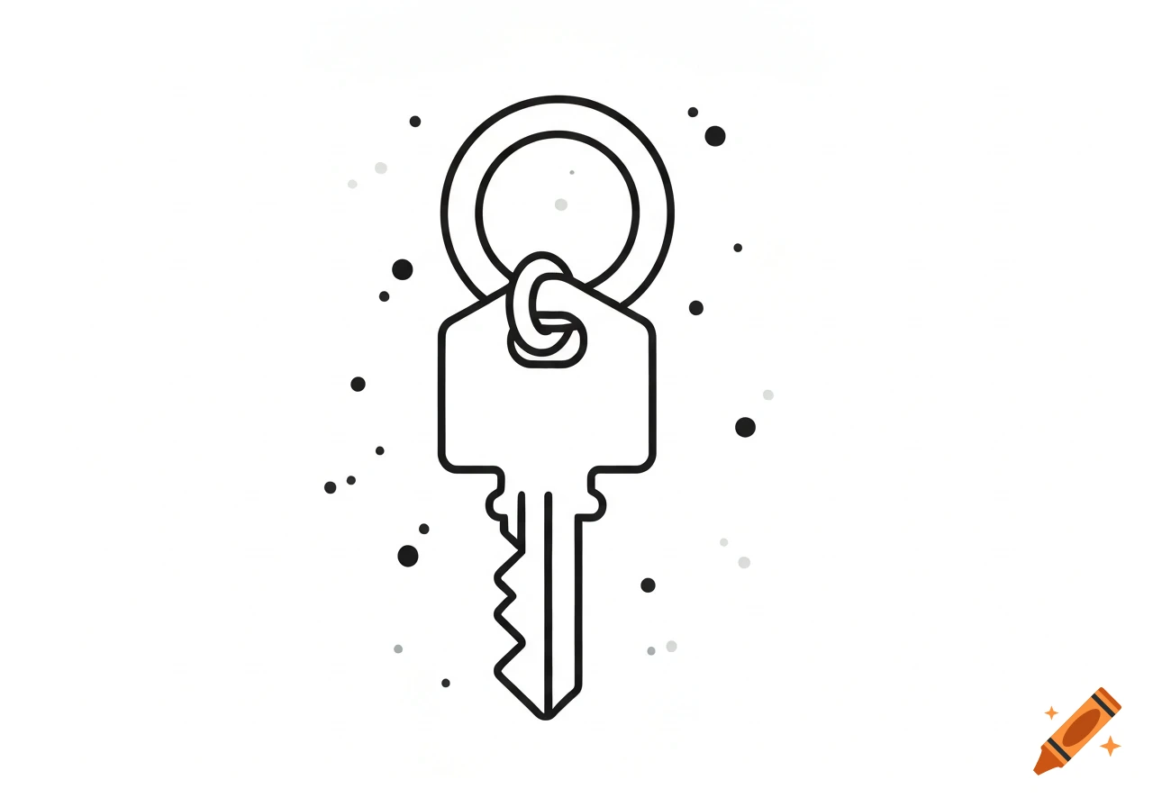 A black and white line art illustration of a single key with a round keyring.