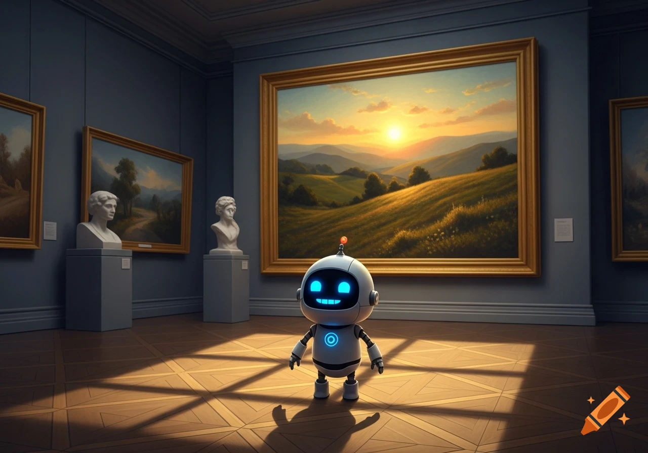 A cute, stylized white robot with a glowing blue face stands on a patterned wooden floor in an art museum, with large landscape paintings and busts.