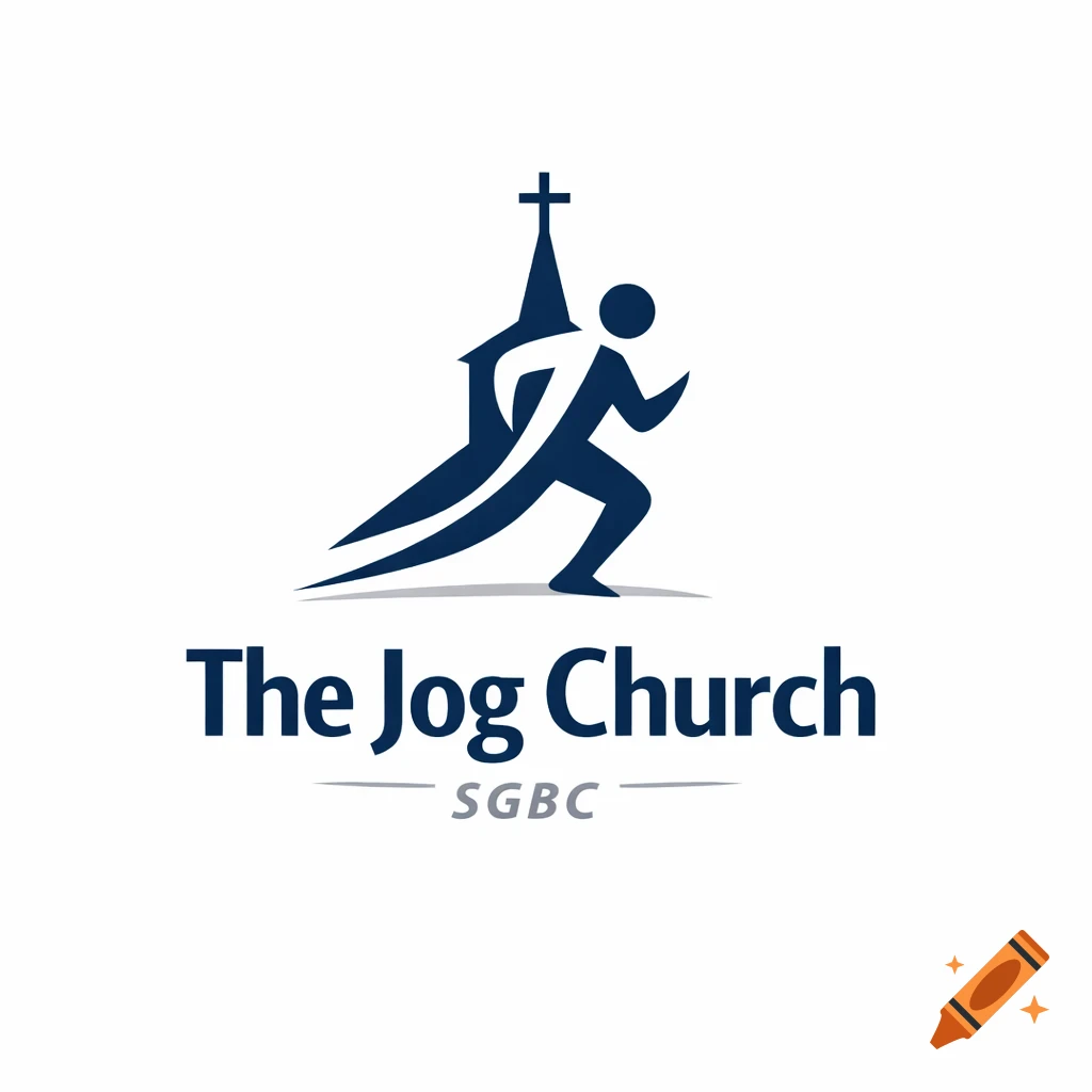 Logo for "The Jog Church" and "SGBC" featuring a dark blue runner silhouette merged with a church spire and cross on a white background.