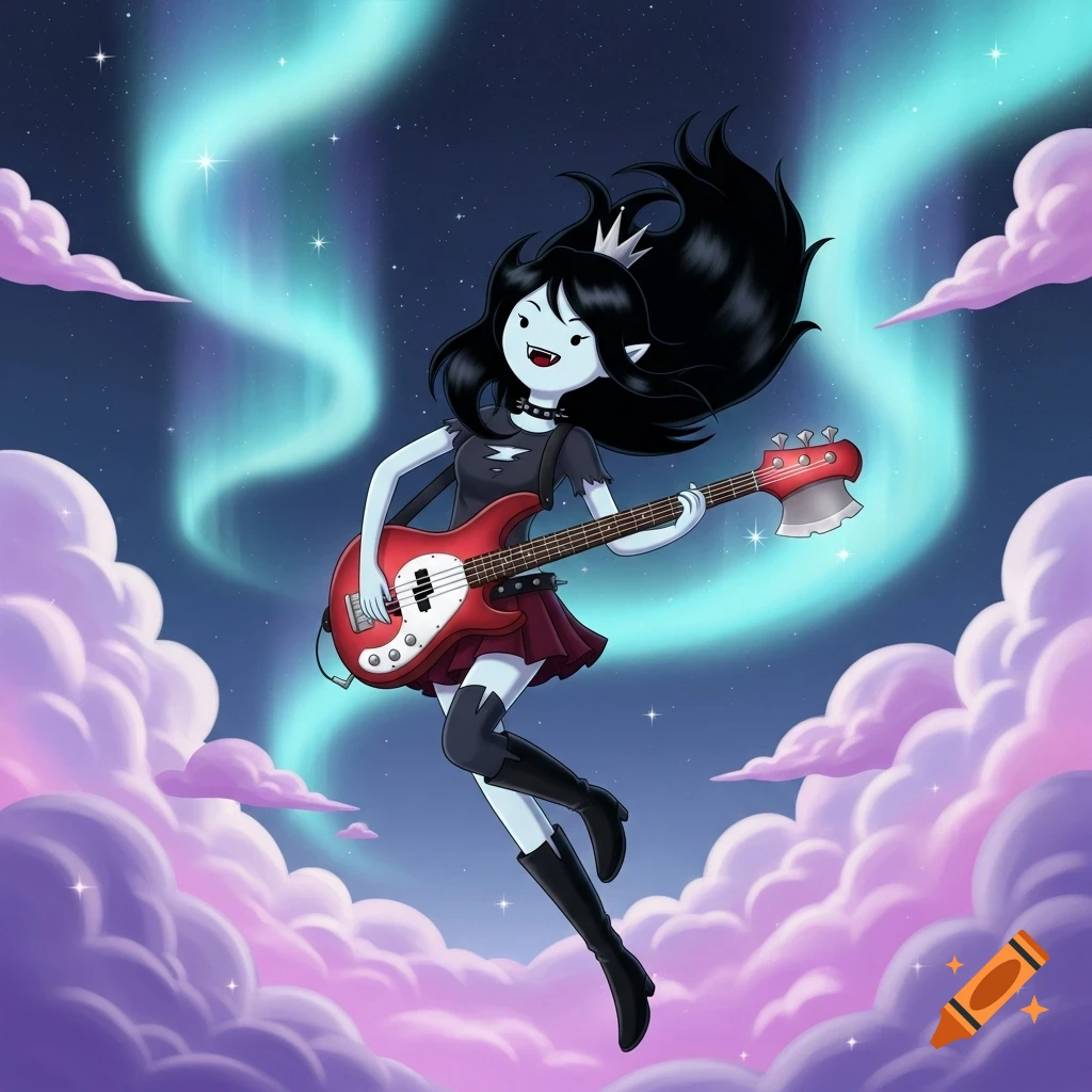 Marceline the Vampire Queen from Adventure Time floats among pink clouds and aurora borealis, playing her axe bass.