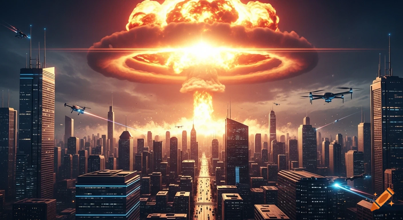 A dramatic cinematic view of a huge nuclear explosion above a futuristic city skyline with drones flying.