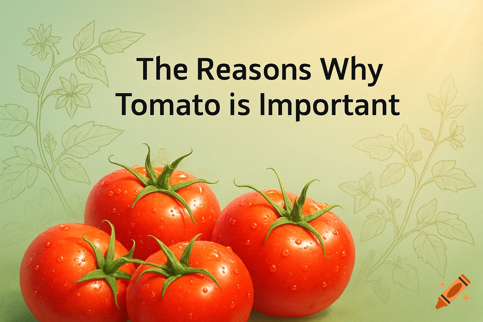 Four fresh red tomatoes with water droplets sit on a light green background with botanical outlines, with the title 'The Reasons Why Tomato is Important'.