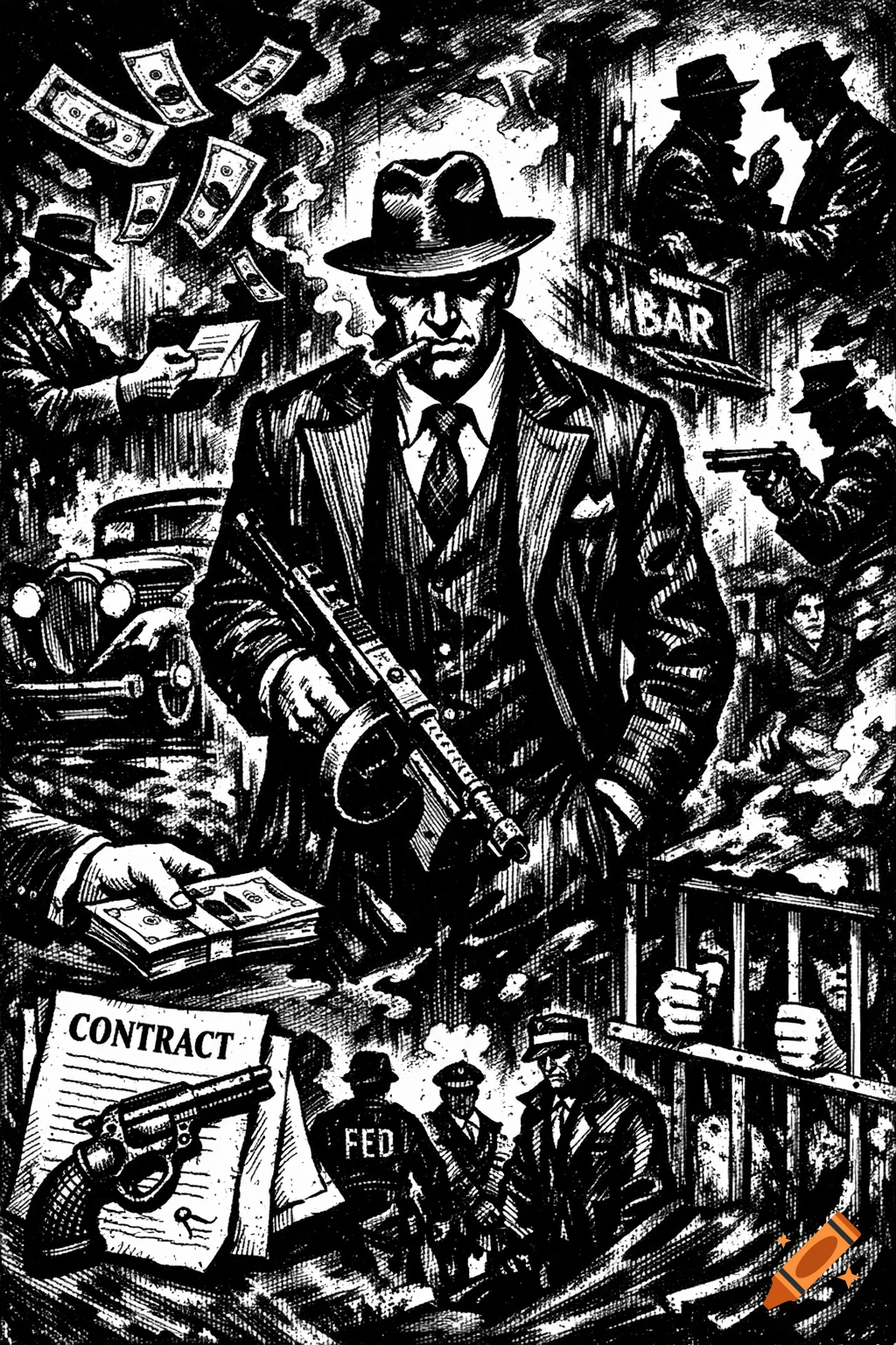 A stylized black and white illustration of a stern gangster with a tommy gun, surrounded by scenes of money, contracts, federal agents, and prison bars.
